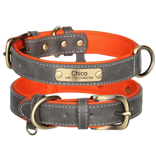 Collier de chien chic avec gravure, PU gris, néoprène mesh intérieur orange, anneau pour marque de chien