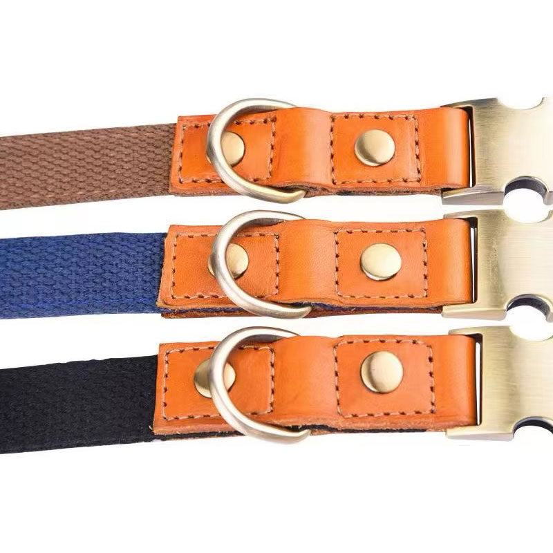 Collier de chien "Valdo" avec gravure - tissu PE robuste & cuir - laiton mat - bleu marine, bleu clair ou vert (S-L)