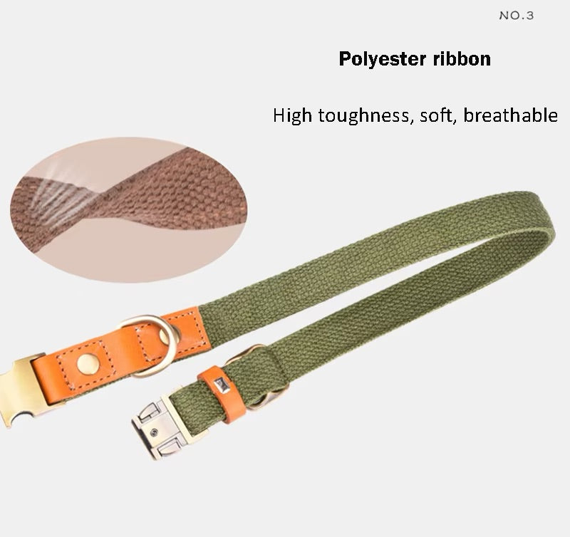 Collier de chien "Valdo" avec gravure - tissu PE robuste & cuir - laiton mat - bleu marine, bleu clair ou vert (S-L)