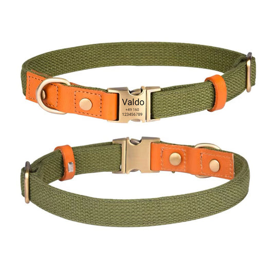 Collier de chien "Valdo" avec gravure - tissu PE robuste & cuir - laiton mat - bleu marine, bleu clair ou vert (S-L)
