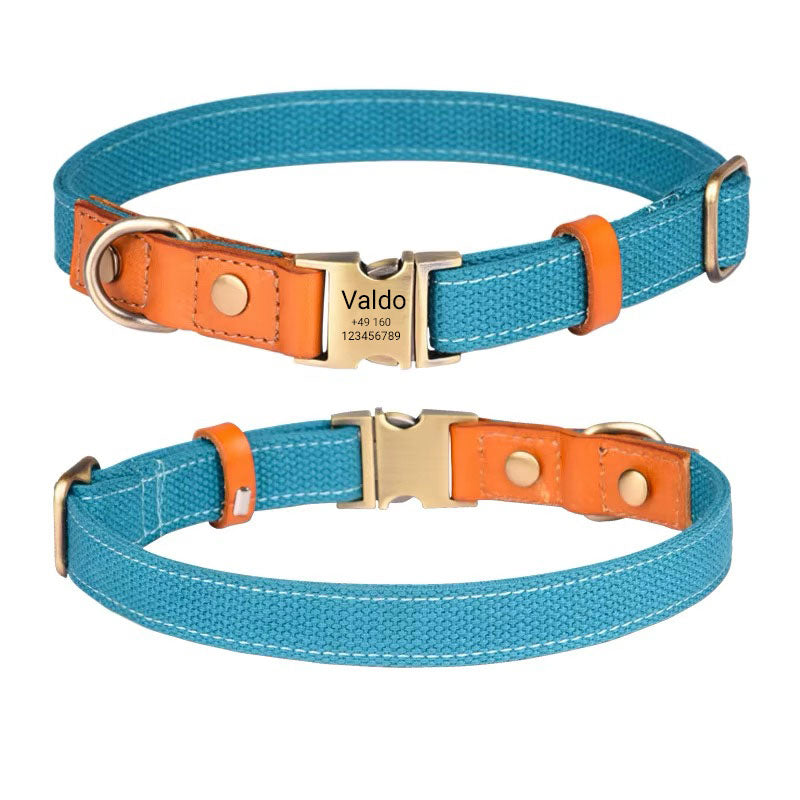 Collier de chien "Valdo" avec gravure - tissu PE robuste & cuir - laiton mat - bleu marine, bleu clair ou vert (S-L)