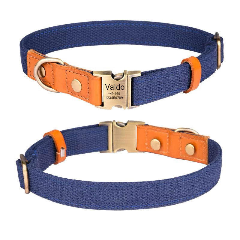 Collier de chien "Valdo" avec gravure - tissu PE robuste & cuir - laiton mat - bleu marine, bleu clair ou vert (S-L)