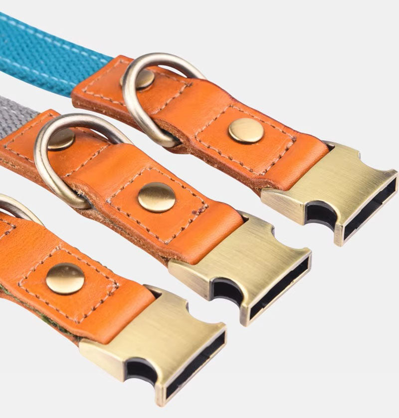 Collier de chien "Valdo" avec gravure - tissu PE robuste & cuir - laiton mat - bleu marine, bleu clair ou vert (S-L)