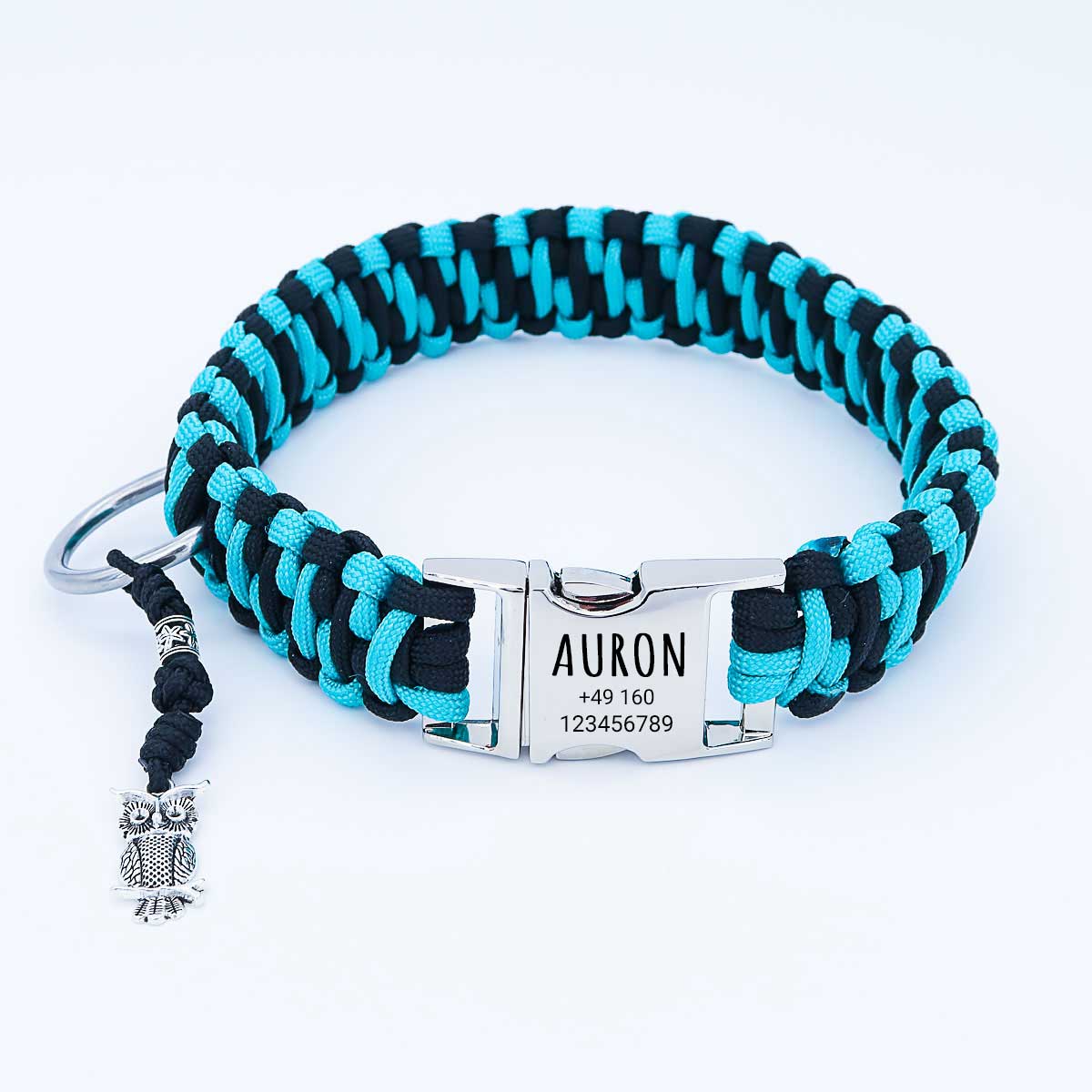 Collier de chien en paracorde "Auron" avec gravure du nom et du téléphone sur la boucle, trois tailles différentes