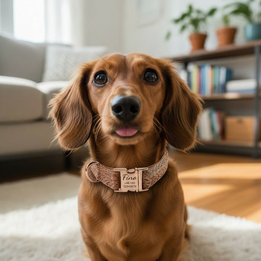Fino – Collier pour chien en nylon personnalisé avec gravure | Nom & numéro de téléphone | Robuste, confortable & individuel