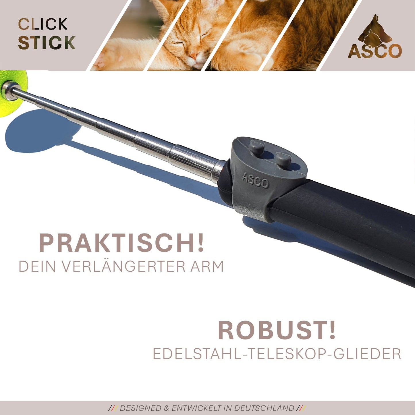 ASCO ClickStick - Target Stick avec Premium Clicker amovible - Tige de Target pour chiens chats Clickertraining - Targetstick extensible avec clicker supplémentaire - Tige de Target pour Target-Training