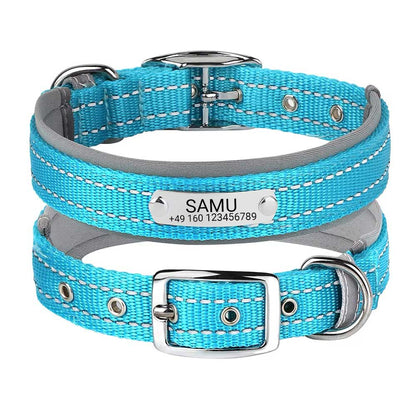 Collier de chien gravé "Samu" avec coutures de sécurité réfléchissantes. Personnalisation avec nom et téléphone
