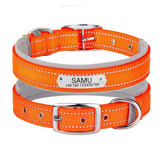 Collier de chien gravé "Samu" avec coutures de sécurité réfléchissantes. Personnalisation avec nom et téléphone