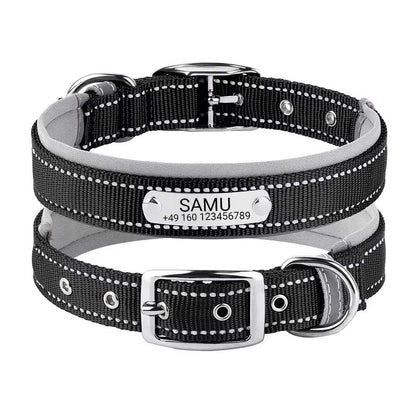 Collier de chien gravé "Samu" avec coutures de sécurité réfléchissantes. Personnalisation avec nom et téléphone