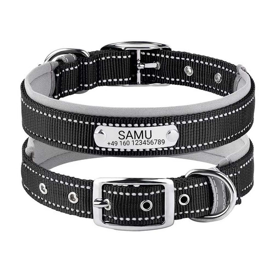 Collier de chien gravé "Samu" avec coutures de sécurité réfléchissantes. Personnalisation avec nom et téléphone