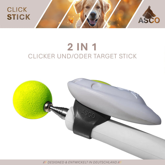 ASCO ClickStick - Target Stick avec Premium Clicker amovible - Tige de Target pour chiens chats Clickertraining - Targetstick extensible avec clicker supplémentaire - Tige de Target pour Target-Training