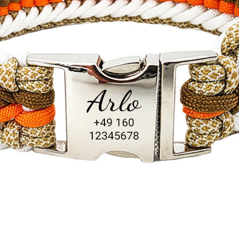 Arlo - Collier de chien en paracorde gravé à la main | Orange-marron-blanc-beige